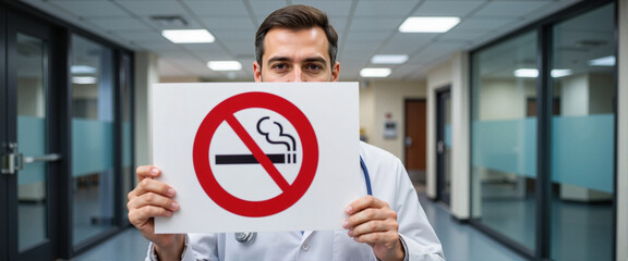 Serious doctor holding no smoking sign in modern hospital, health advocacy