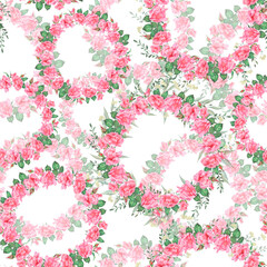 Seamless pattern of watercolor hand-drawn illustrations of flower wreaths. Decor for wedding, birthday, children's party and seasonal holidays.
