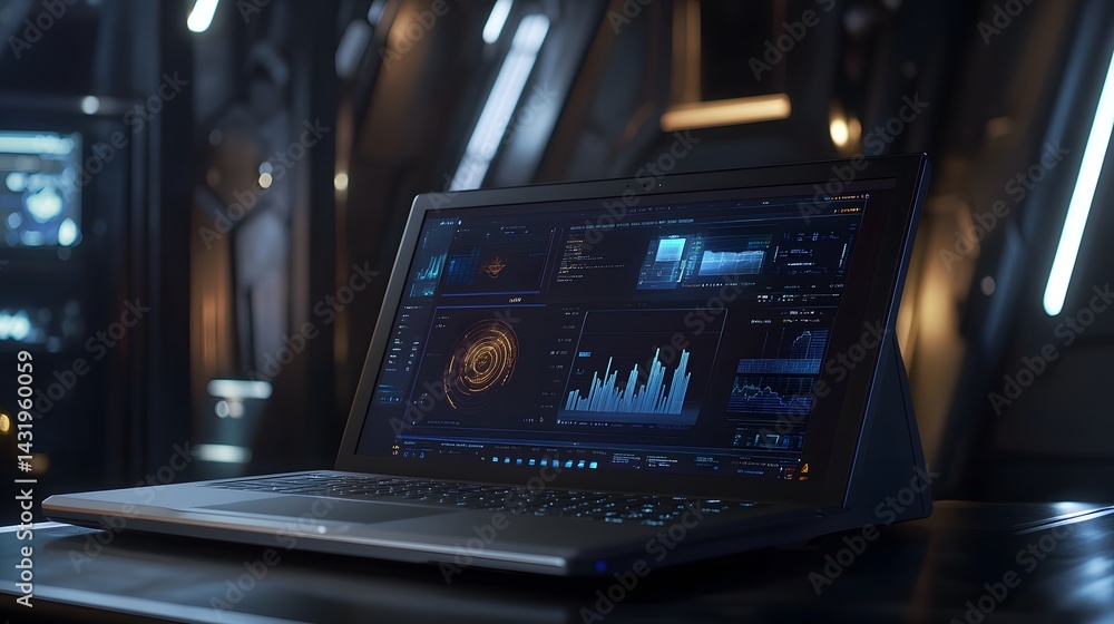 Poster a futuristic laptop displays complex data charts and graphs on its screen, set against a dark, high-