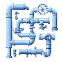 2d top view of steampunk inspired interconnected pipes and valves, simple vector, light blue tones only, isolated on white