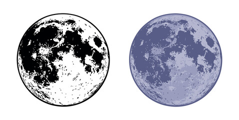 Full moon illustration in black and blue versions. Hand-drawn lunar design isolated on white background