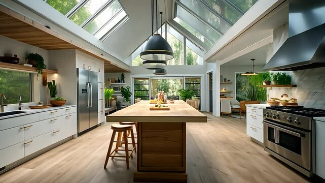 Bright, airy kitchen with skylights, wood accents, and island