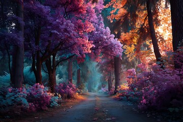 Enchanted forest pathway surrounded by colorful trees and soft light, evoking a peaceful and magical vibe.