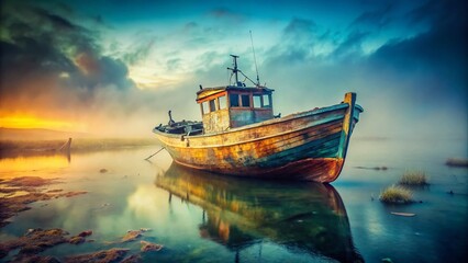 Obraz premium Vintage Foggy Seascape: Abandoned Fishing Boat