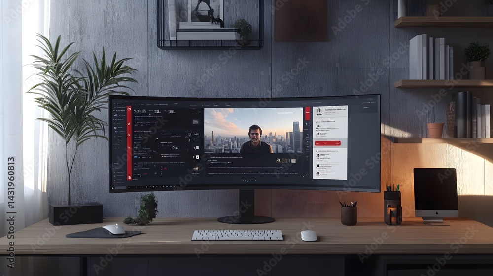 Aufkleber modern workspace featuring a curved ultrawide monitor displaying a video call, alongside a keyboard,