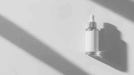 Professional minimalist skincare product photo with a glass serum bottle on a blank background