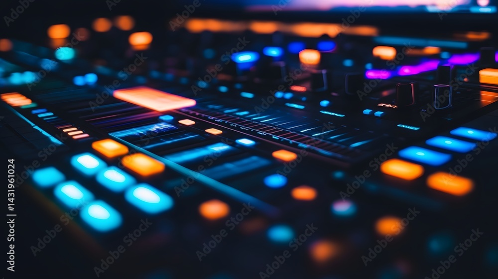 Poster close-up of a vibrant music mixer console with illuminated buttons and faders, showcasing a dynamic 
