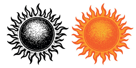 Vintage sun symbol in black and color version. Hand-drawn fiery sun illustration, isolated on white background