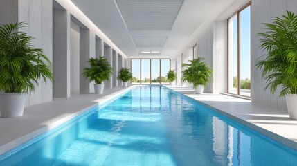Fototapeta premium Serene Indoor Pool Sunlight Minimalist Design - Tranquil indoor pool, minimalist architecture, sunlight streaming, reflecting water, peaceful ambiance. Symbolizing relaxation, luxury, health