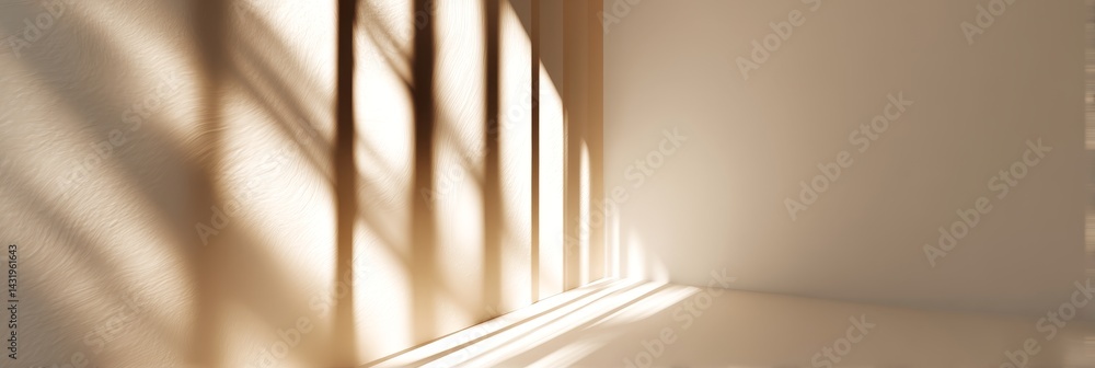Aufkleber sunlit corner abstract - warm sunlight streams through unseen slats, casting long shadows on a neutr