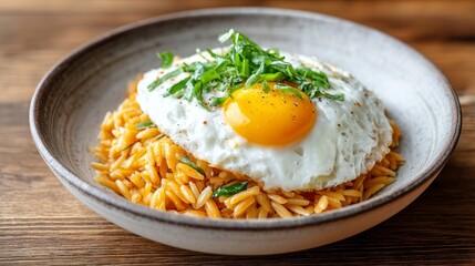 Sunny Side Up Egg and Orzo Pasta Delight - A delicious and healthy meal, this dish combines the richness of a fried egg with the satisfying texture of orzo pasta. It symbolizes comfort, nourishment
