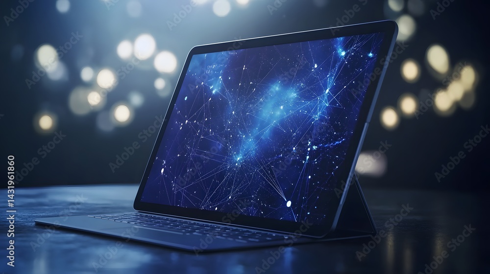 Poster a sleek laptop displays a mesmerizing network visualization on its screen. the blue hues and bokeh b