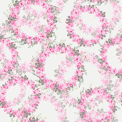 Seamless pattern of watercolor hand-drawn illustrations of flower wreaths. Decor for wedding, birthday, children's party and seasonal holidays.