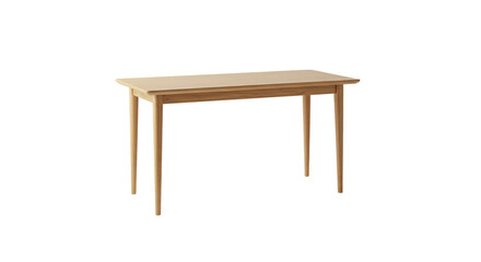 A simple light wood table with four legs standing on a black background in a studio setting view