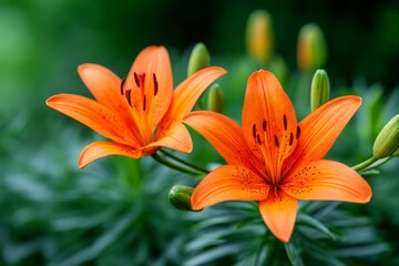 Fototapeta premium Vibrant Orange Lilies in Bloom - Two bright orange lilies in full bloom, showcasing intricate details and vibrant color against a soft green background