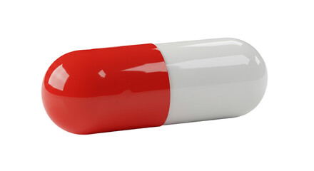 A close up of a red and white capsule pill on a black background with a slight reflection effect