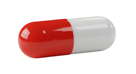 A close up of a red and white capsule pill on a black background with a slight reflection effect