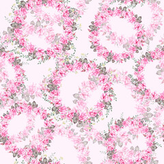 Seamless pattern of watercolor hand-drawn illustrations of flower wreaths. Decor for wedding, birthday, children's party and seasonal holidays.