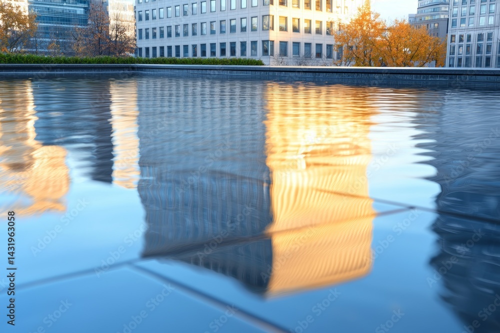 Poster a reflection of a building in a pool of water