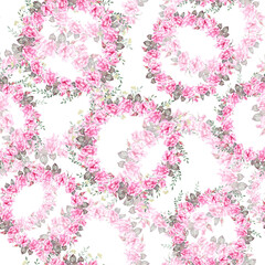 Seamless pattern of watercolor hand-drawn illustrations of flower wreaths. Decor for wedding, birthday, children's party and seasonal holidays.