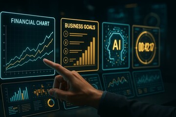 Male hand interacting with digital financial chart and ai interface display