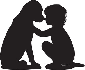 *Kid Kneeling with Cat – Silhouette of Affection*
A black silhouette of a kid kneeling and gently reaching toward a standing cat, showing a tender moment of affection and emotional bonding. Minimalist