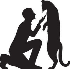 *Kid Kneeling with Cat – Silhouette of Affection*
A black silhouette of a kid kneeling and gently reaching toward a standing cat, showing a tender moment of affection and emotional bonding. Minimalist
