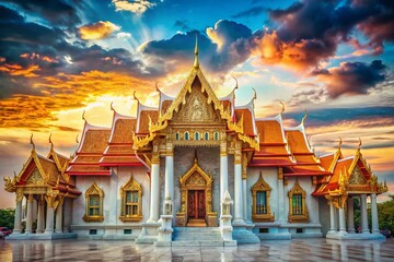 Naklejka premium Vintage Marble Temple, Bangkok: Blue Sky, Cloud, Wat Benchamabophit