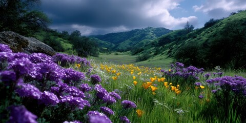 Vibrant wildflowers bloom in a lush valley under a dramatic sky with clouds near a gentle slope during springtime