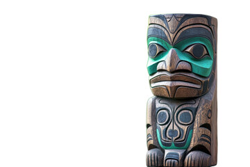 Wooden carving of a person with a green face