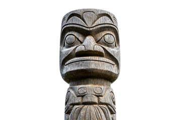 Wooden statue of a man with a stern expression