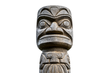 Wooden statue of a man with a stern expression