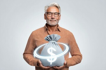 Mature man holding money bag with glowing dollar sign