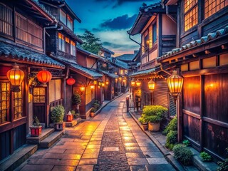 Obraz premium Vintage Night Scene: Asian Street in Old Town, Anime Inspired