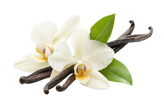 Fototapeta Close up of a bunch of vanilla flowers with their stems and leaves, isolated