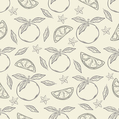 Vintage hand-drawn seamless pattern with oranges, slices, and leaves. Tropical citrus vector illustration.