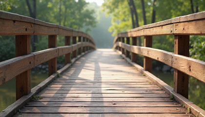 Obraz premium Tranquil wooden bridge surrounded by green trees, serene escape