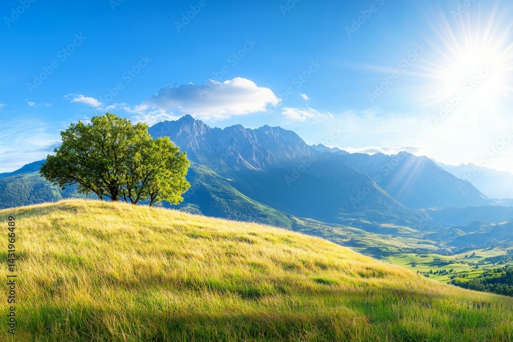 Poster tree is standing in a field with mountains in the background