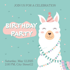 Cute cartoon llama with a birthday hat and pastel garlands on a party invitation. Perfect for kids’ birthday party designs, greeting cards, and festive decor.