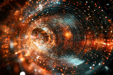 A swirling vortex of light and color, resembling a cosmic tunnel or nebula.