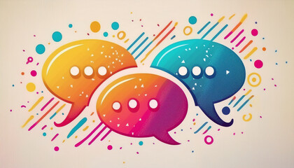 communication, speech bubbles, collaboration, digital interaction, colorful design, transparency, overlapping shapes, virtual meeting, social media, online communication, abstract concept, teamwork