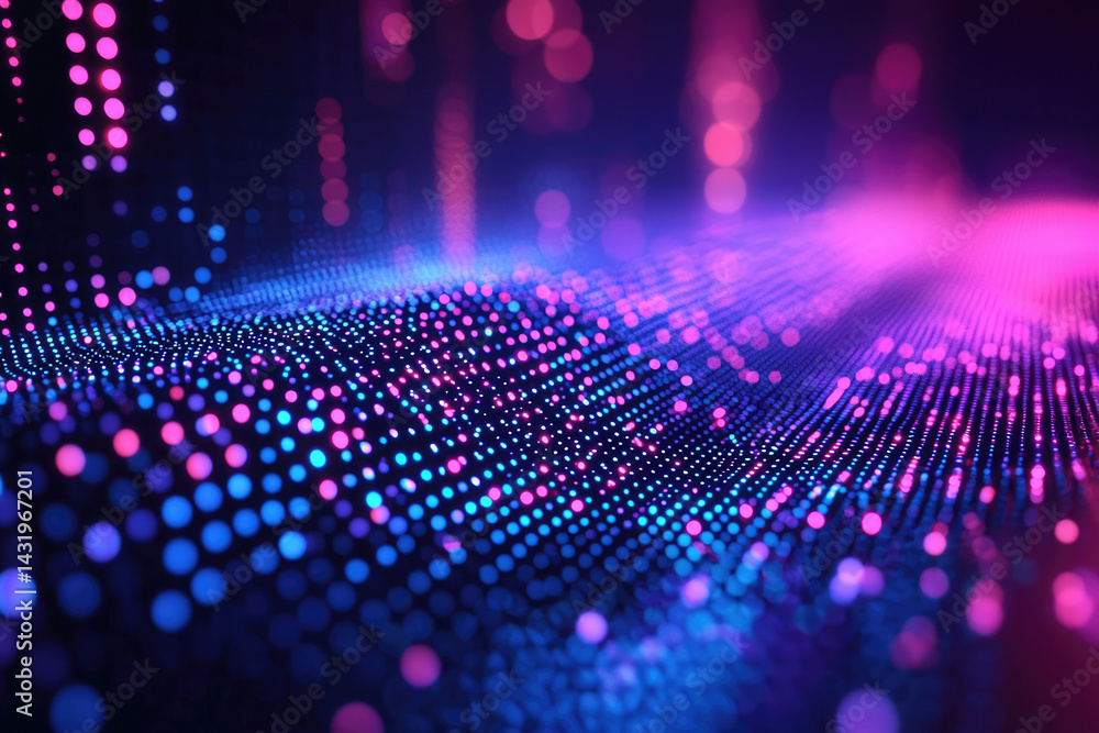 Aufkleber Abstract digital wave of glowing blue and pink particles, a vibrant and dynamic visual representation of data flow or energy.