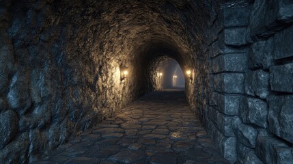 Obraz premium Dark Stone Tunnel, Medieval Pathway, Cobblestone Road, Mysterious Atmosphere, Low Light