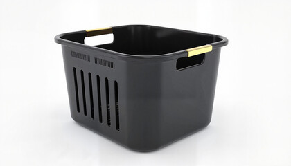 Elegant dark plastic basket with golden handles on white background, sophistication