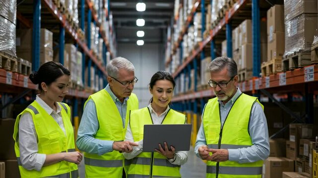 Four workers in warehouse with laptop. Coworkers in safety vests discussing logistics in storage facility. Supply chain management and inventory control concept footage.