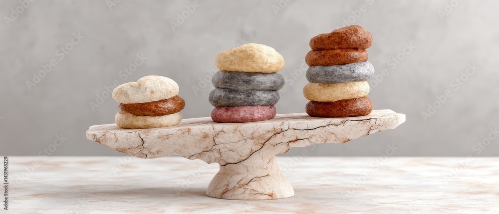 Poster asymmetrical stacked stones on a display stand set against a soft neutral background for artistic sh