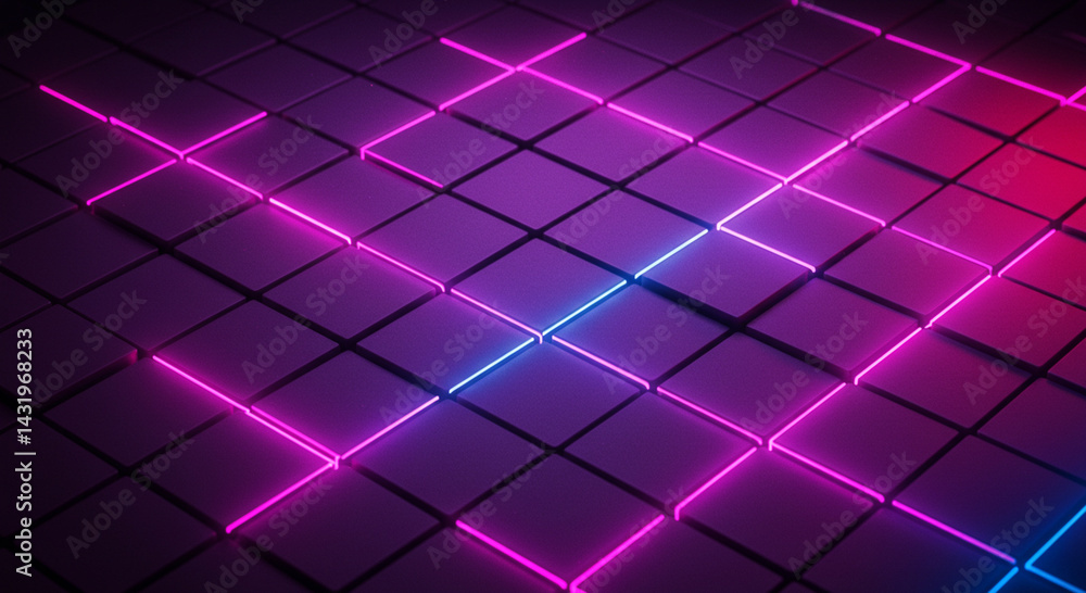 Poster geometric cube grid with glowing neon lines in modern artistic style