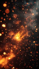 Fototapeta premium Sparkling orange particles floating in dark space create a visual explosion of warmth and energy