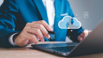 Businessman using a computer to Cloud service to document management