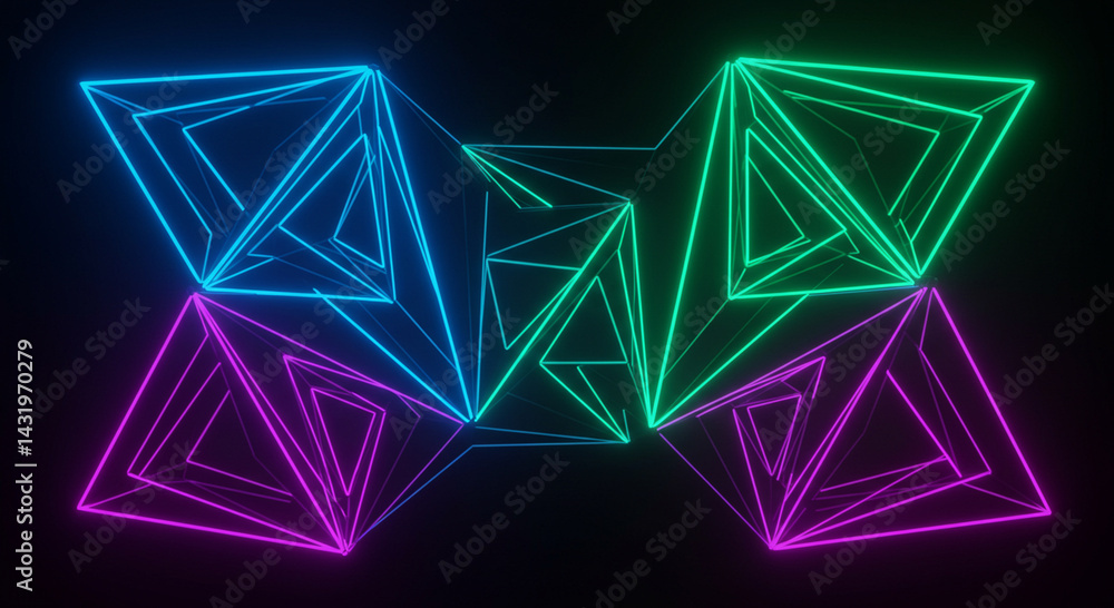 Poster futuristic colorful triangular geometric structure with dynamic lighting effects